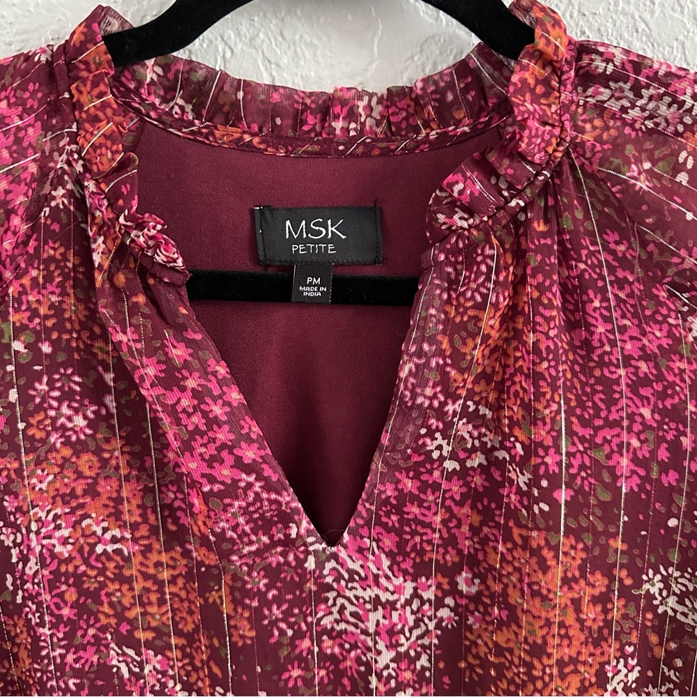 MSK Petite Floral Tiered Chiffon Dress PM Burgundy Romantic Boho Mini - Picture 4 of 13